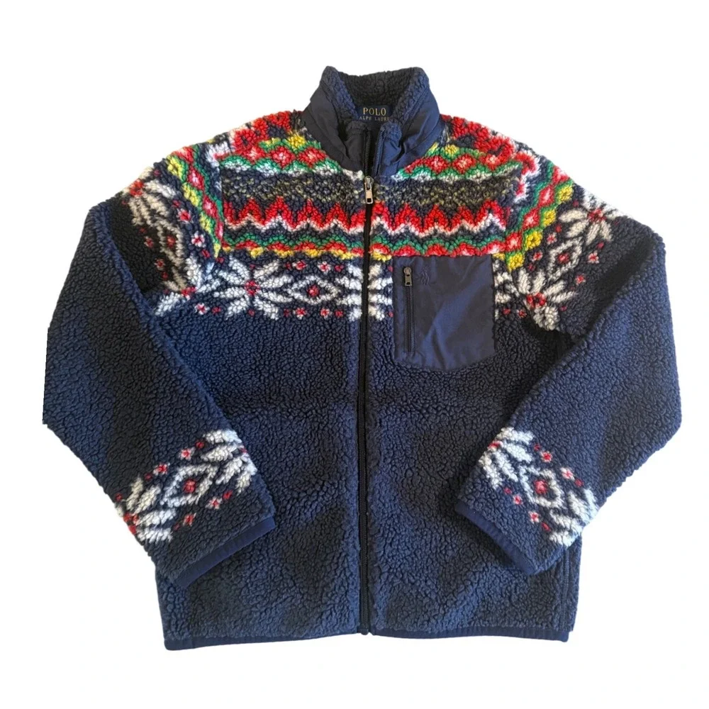 Polo Ralph Lauren Kids Navy Sherpa Fleece Fair Isle Full Zip Jacket Size M 10-12